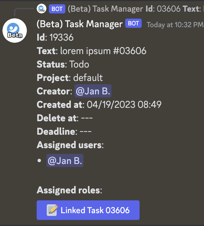 Example of a linked object in task info