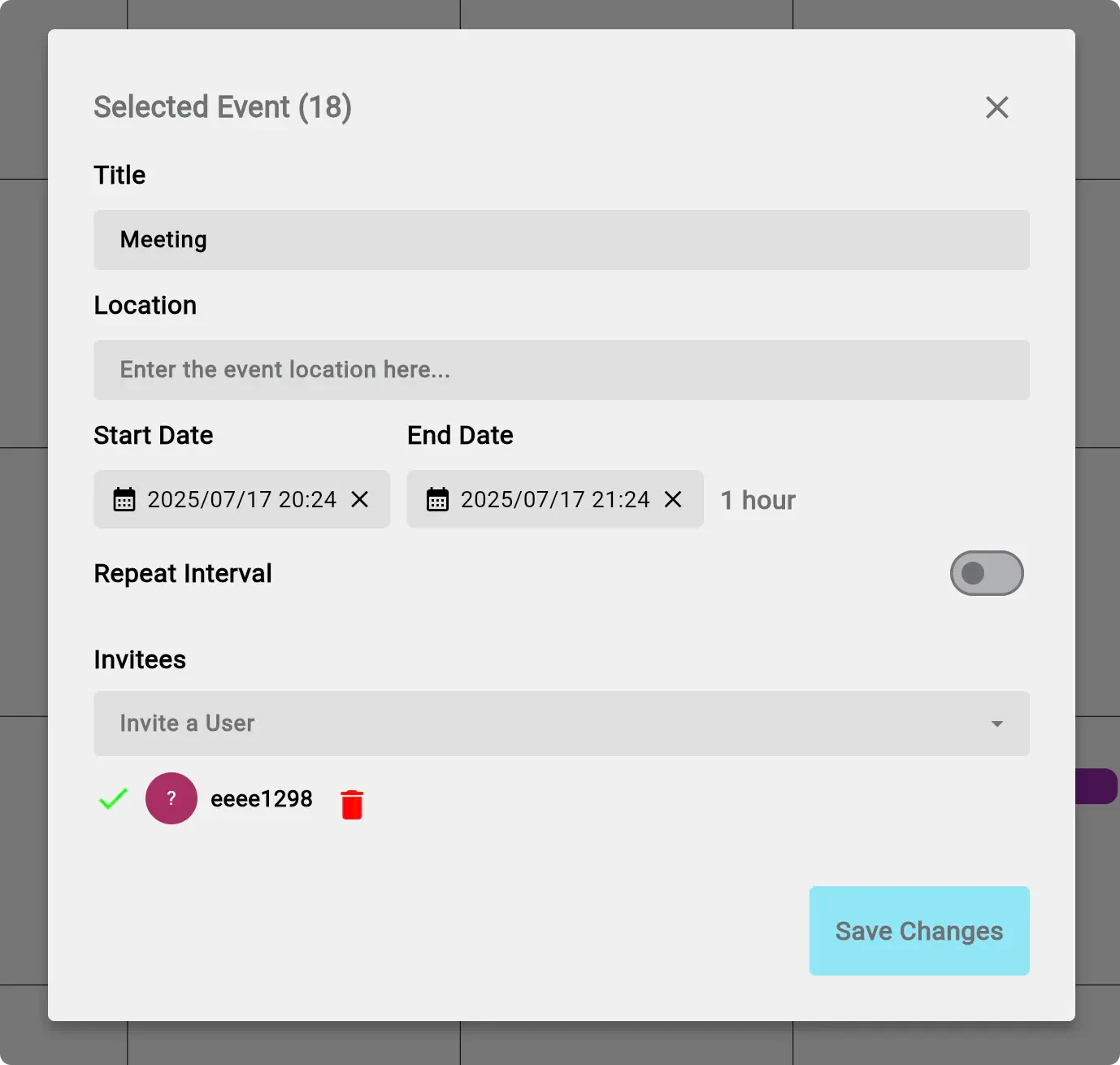 Screenshot showing the event creation popup with title, location and invitees.