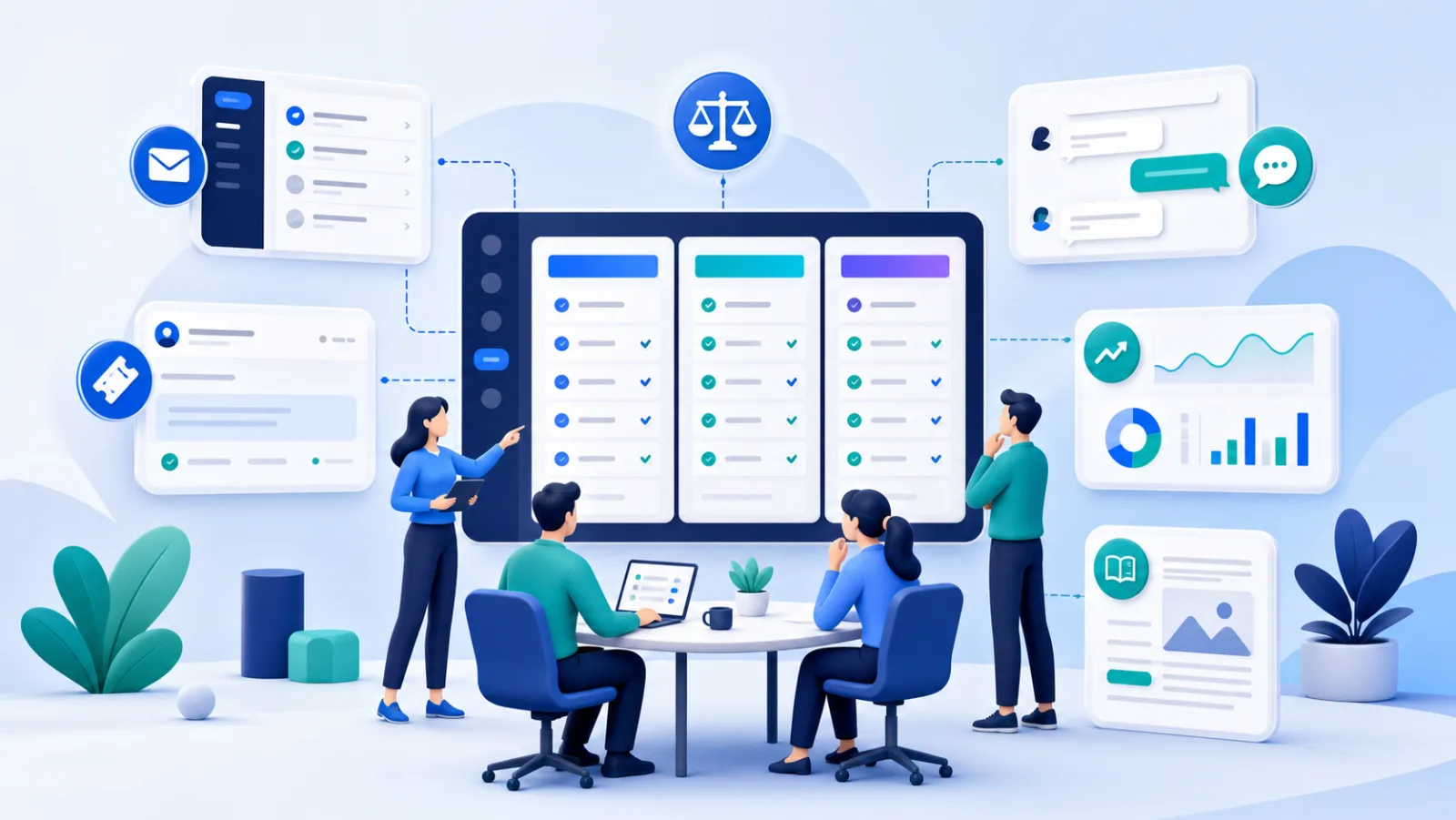 AI-generated illustration Customer support software capabilities arranged for a structured product evaluation