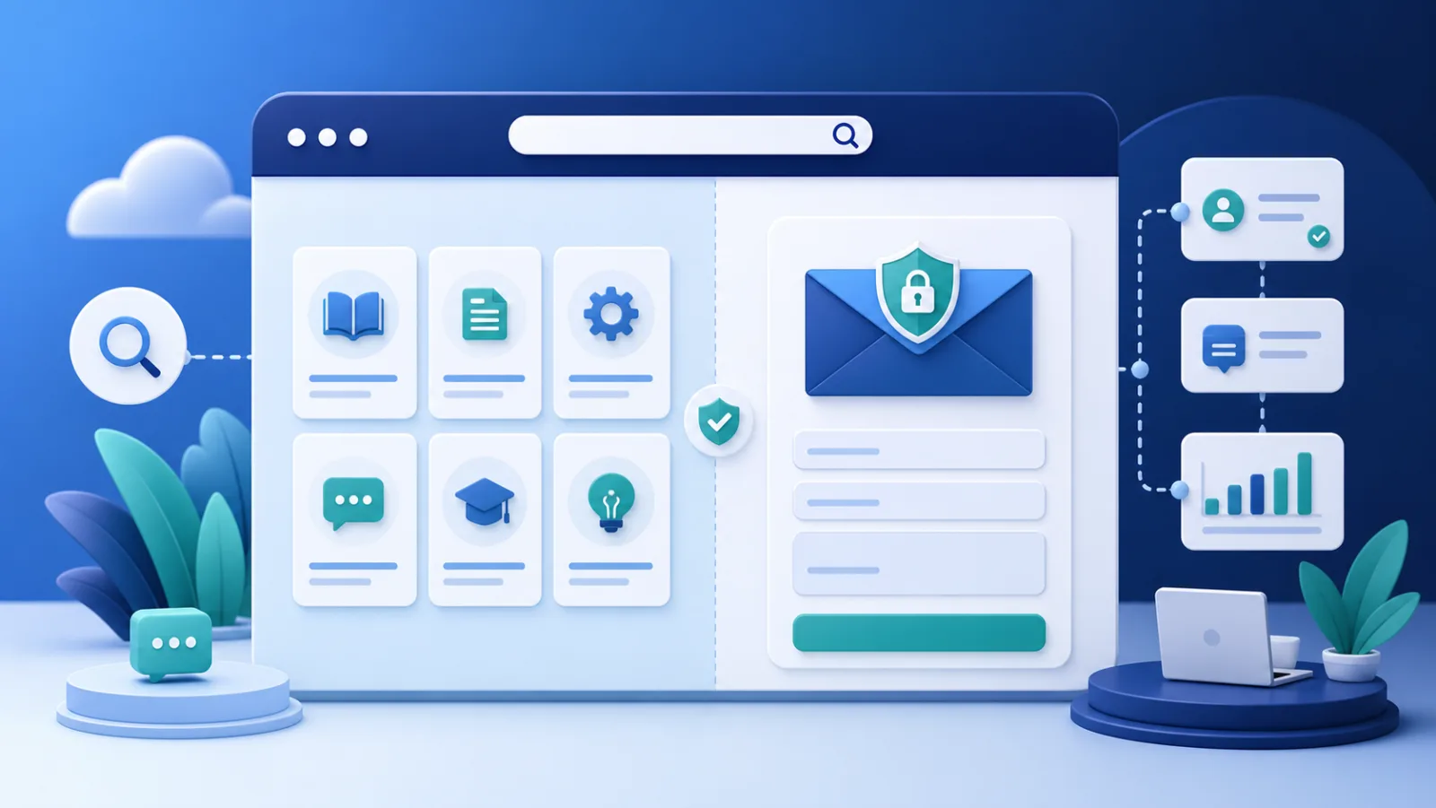 AI-generated illustration Support portal combining searchable knowledge articles with a secure private customer request form