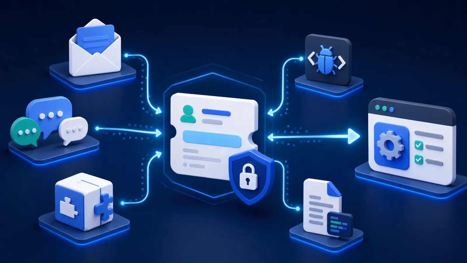 AI-generated illustration Technical support inputs from email, community chat, software plugins, bug reports, and logs entering one protected ticket workflow