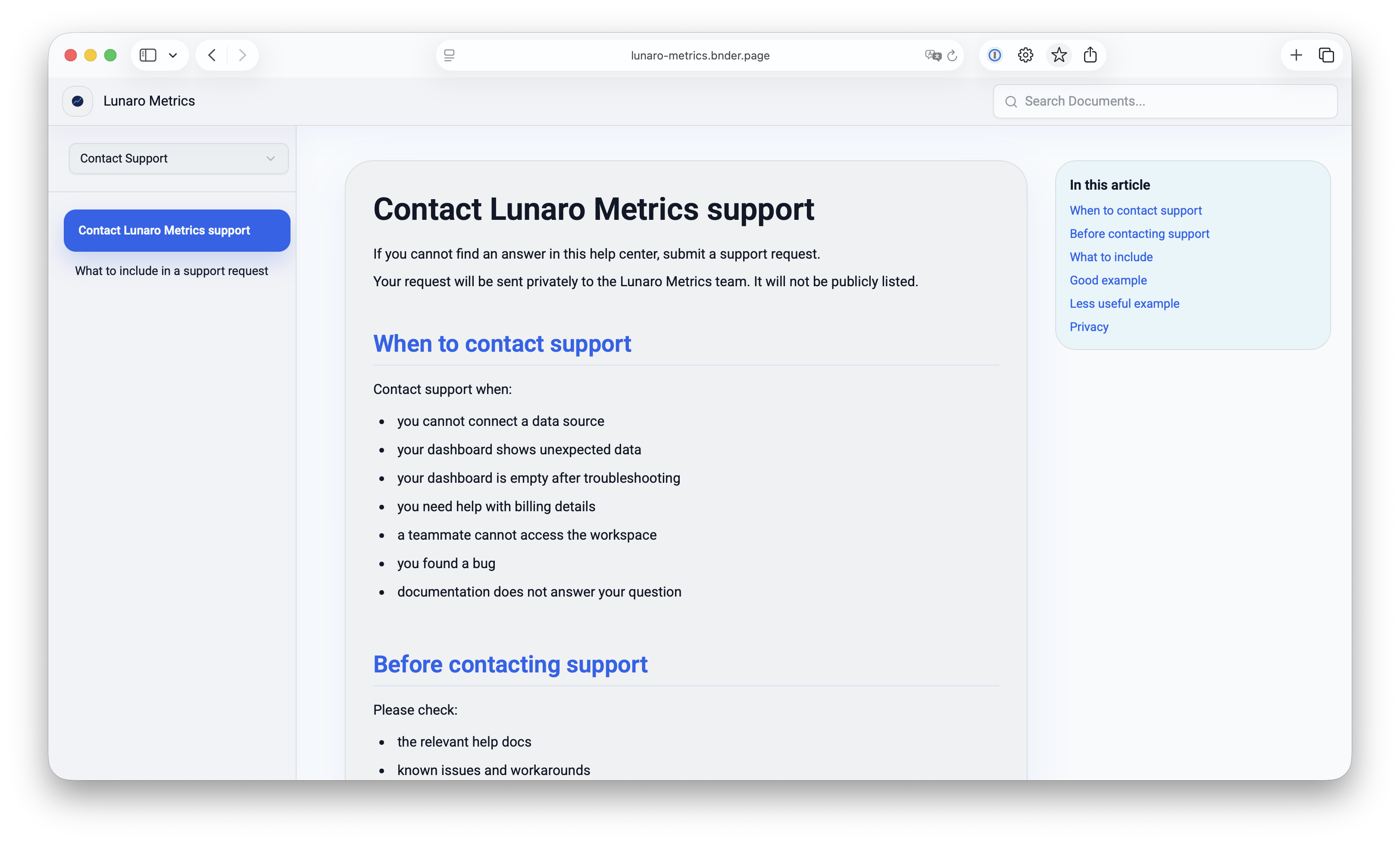 Lunaro Metrics public help center article about private support request intake