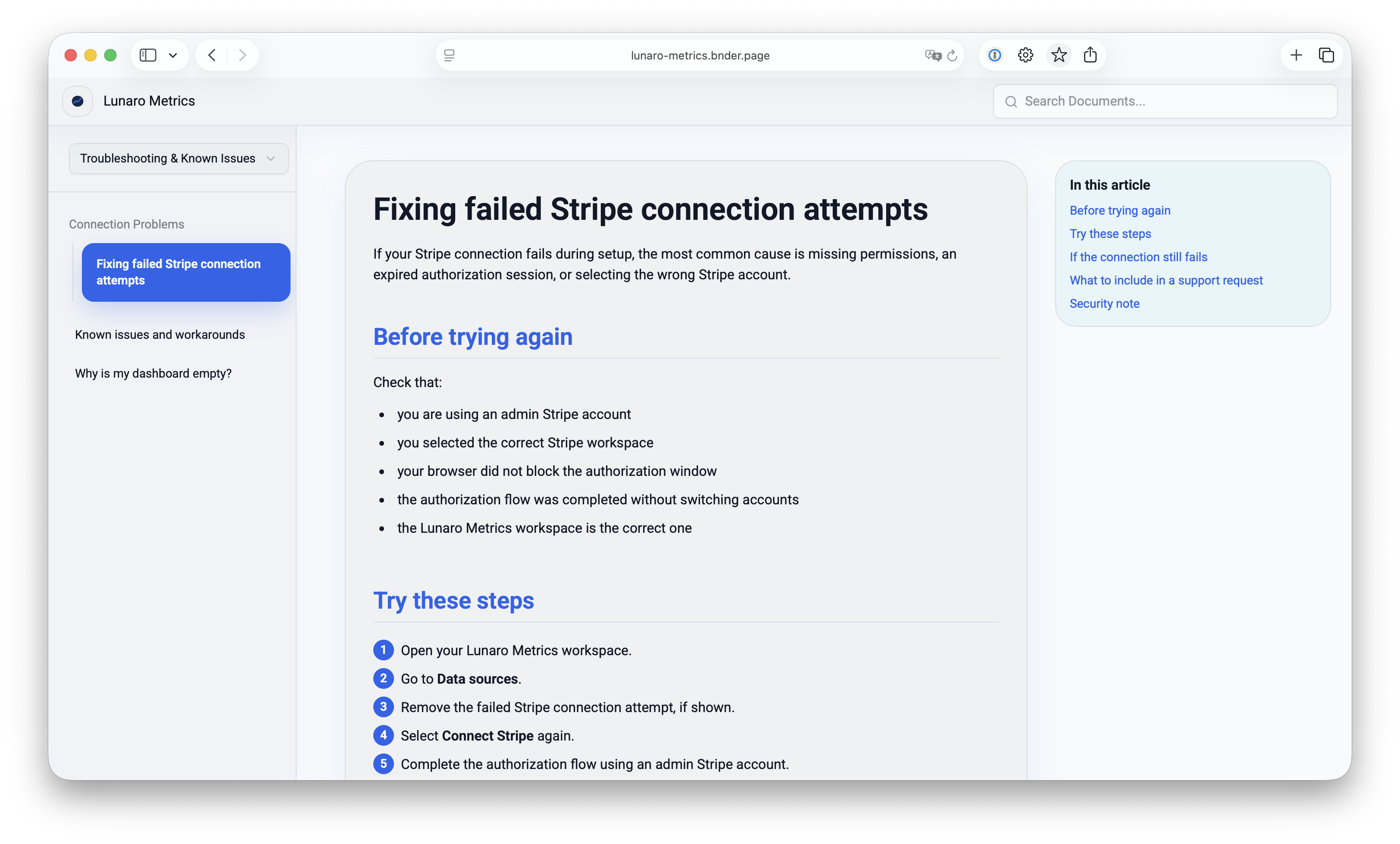 Lunaro Metrics known issues article with public workaround steps