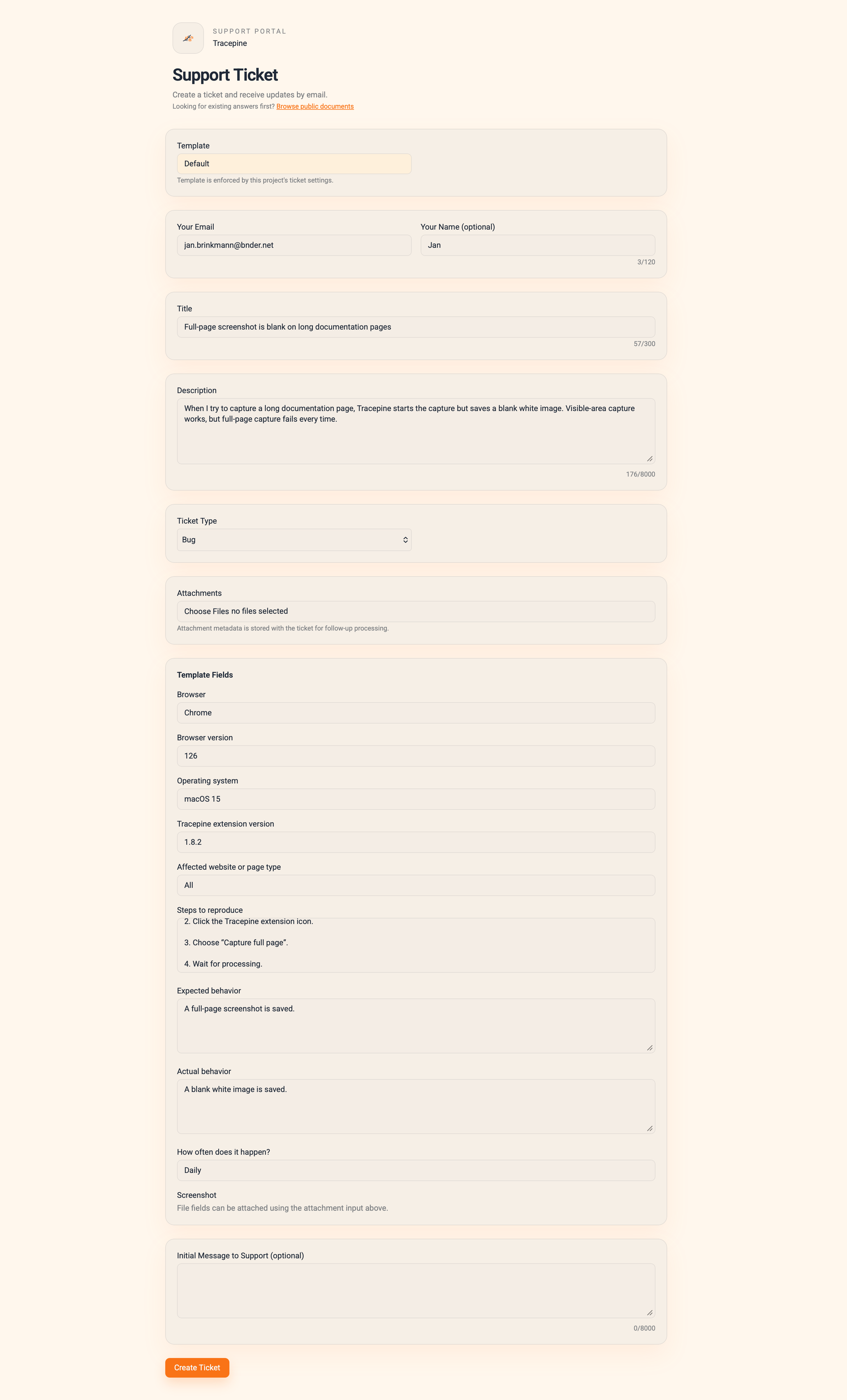 Tracepine private bug report intake form filled with demo browser and reproduction details