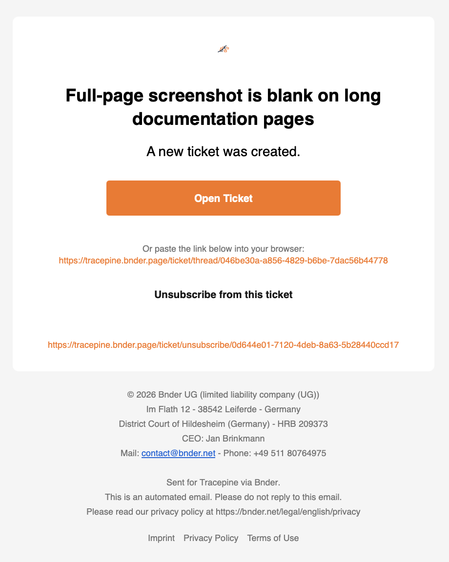 Tracepine demo email notification for a newly created private bug report