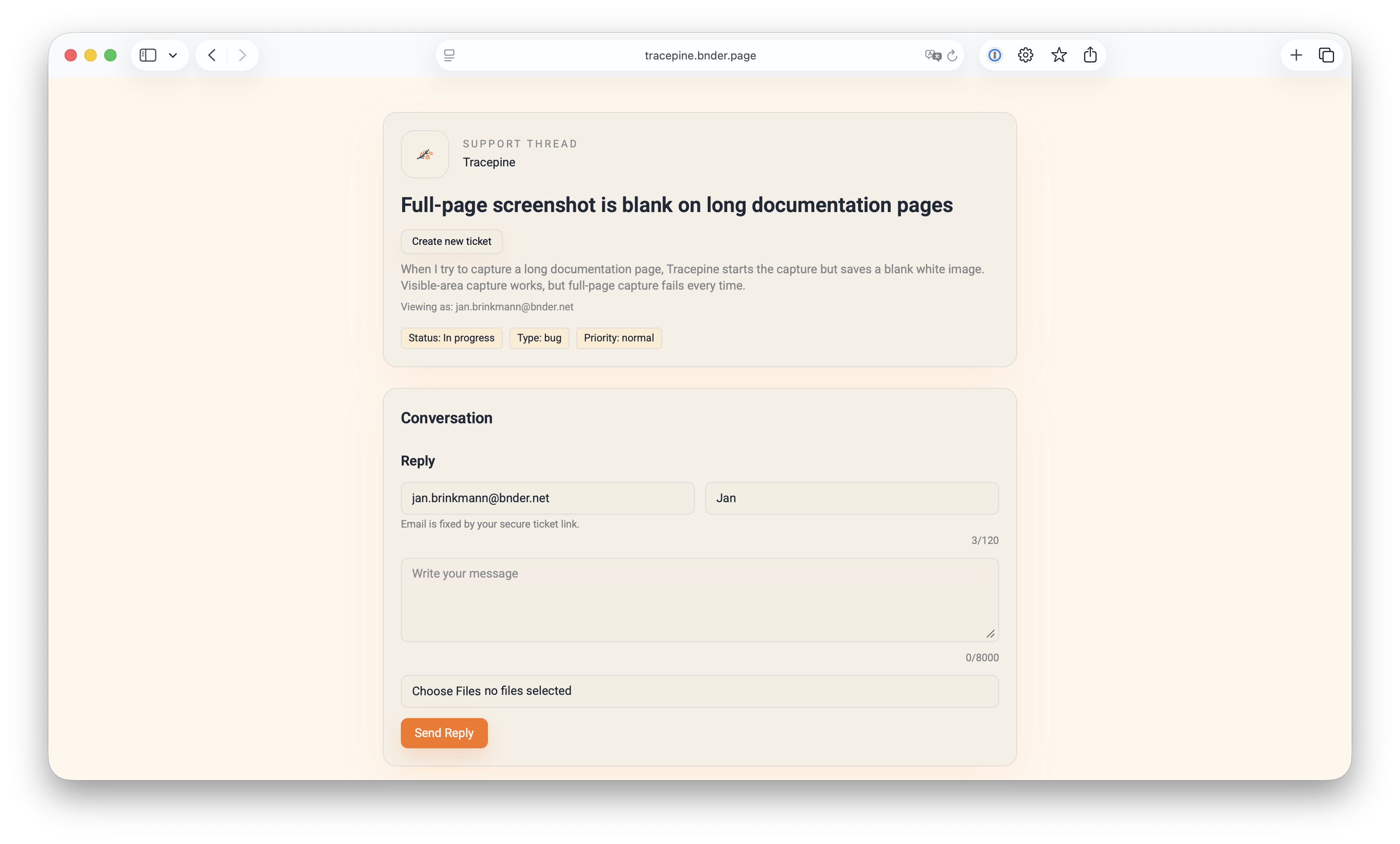 Tracepine reporter support thread with demo bug status and reply form